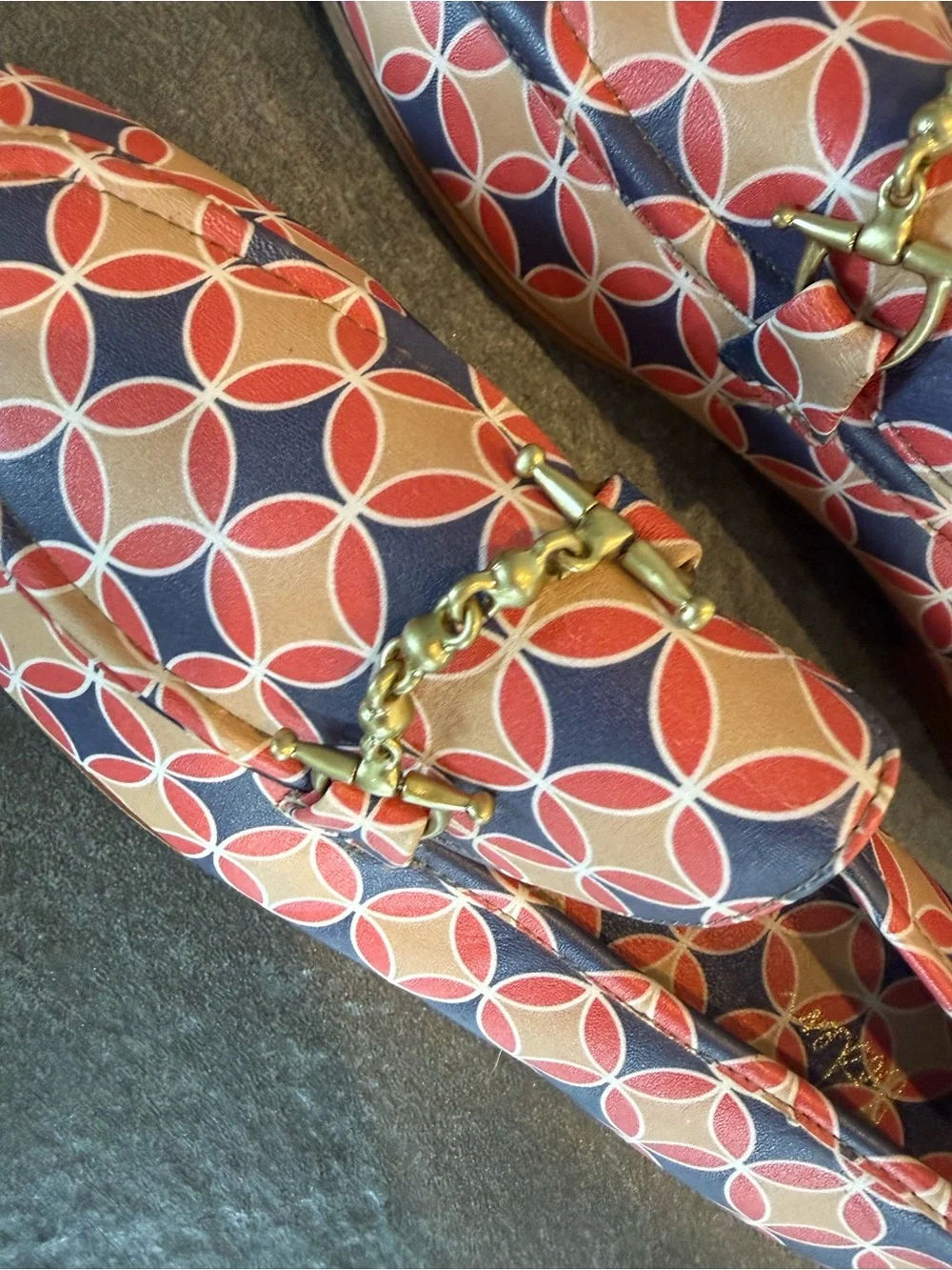 Boden Coral, Navy & Tan Geometric Bit Loafers